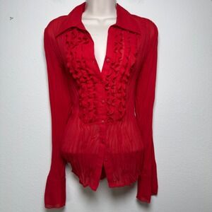VTG 90s Women Indie Fairy Button Front Top Red Ruffle Pleated Sheer Western